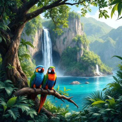 The primary subject of the image is a pair of colorful birds, specifically parrots, perched on a tree branch. The setting is a lush, tropical environment with a waterfall in the background and a blue ocean nearby. The visual style is a digital art or illustration, creating a vibrant and lively atmosphere. The colors and mood of the image are predominantly green, blue, and orange, reflecting the natural beauty of the scene.
